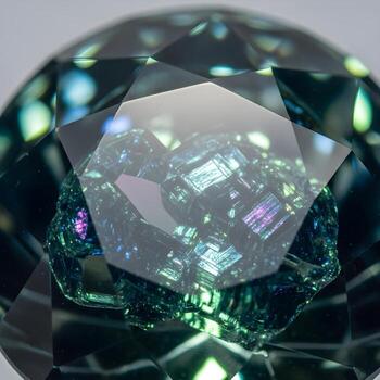 Macro Perspective Meticulously Layered Gemstone Facets Capturing a Subtly Radiant Glow, Showcasing Dynamic Reflections on an Immaculately Minimalist Background photo