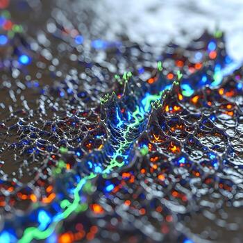 An Intricate Fusion of Shimmering Metallic Xenochromatrix and Organic Textures, Radiating Futuristic Luminescence, Depth, and Otherworldly Allure in Macro Detail photo