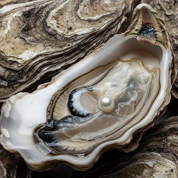 Magnificent Macro View Detailed Oyster Shell Textures and Brilliant Pearlescence Illuminate Organic Contrasts, Reflecting Nature's Intricate and Timeless Beauty Vibrantly. photo