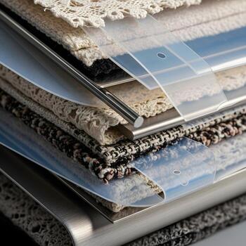 Macro Convergence Layered Textiles, Reflective Metal, and Translucent Polymer in Soft Ambient Light, Capturing a Quickening Moment of Intricate Dynamism photo