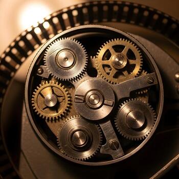 Swirling Vintage Film Gears in Macro A Dynamic Kinematoscopo Dance of Luminous Light, Ethereal Soft Textures, and Intricate Mechanical Artistry photo
