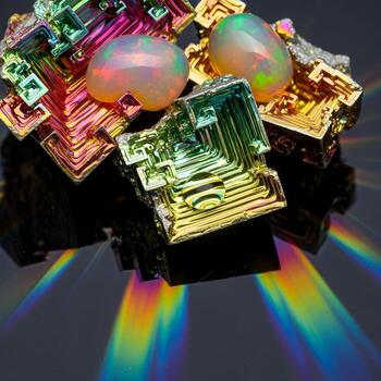 Vibrant Iridescent Minerals Merge with Rainbow Reflections on a Sleek Surface, Creating a Glow of Modern Luxury and Captivating Curiosity photo