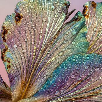 Immersive Macro Exploration of Acid-Altered Floral Petals with Dewy Iridescence on a Minimal, Dreamlike Soft Gradient Background in Stunning Detail photo