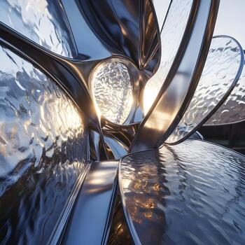 Illuminated Alchemy Reflective Metal and Translucent Glass Merge, Dancing with Mysterious Sunlit Radiance, Unveiling an Enigmatic Fusion of Light and Form photo