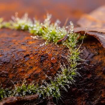 Close-Up Encounter An Enchanting Display of Dew-laden Rust Merging with Organic Textures, Illuminated by the Subtle Dance of Natural Light photo