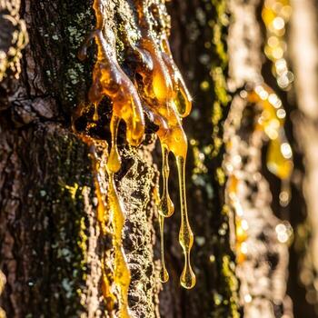 Macro Vision of Radiant Resin Flow Cascading Over Textured Tree Bark, Highlighting Vivid Amber Droplets and Nature's Intricate, Delicate Artistry photo