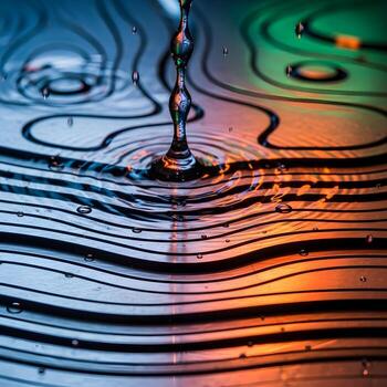 Intricate Macro Cascade Glistening Water Droplets Dancing over Layered Reflective Surfaces with Metallic Hues and Vibrant Chromatic Interplay photo
