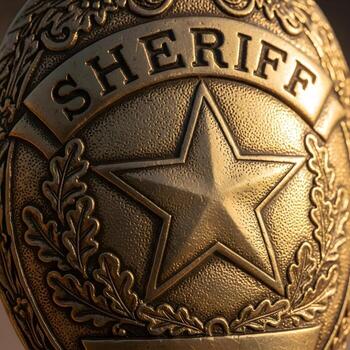 Macro capture of a weathered sheriffs badge a detailed study of a golden, intricately engraved emblem radiating natural, warm light. photo