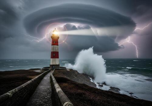 A lighthouse with lightning and storm clouds over it photo