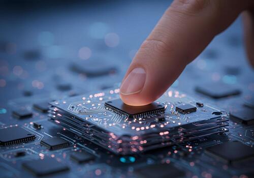 A finger touching a circuit board with a circuit board in the background photo