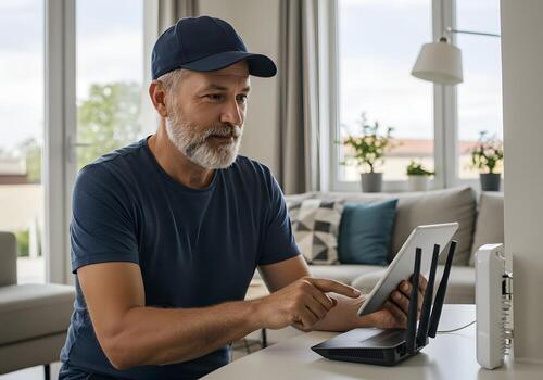 un hombre en un gorra es utilizando un tableta computadora foto