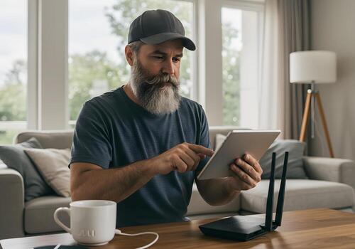 A bearded man with a cap and beard sitting at a table with a tablet computer photo