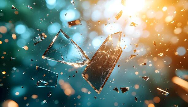 Abstract Shattered Glass Fragments Floating in Dynamic Light and Bokeh photo