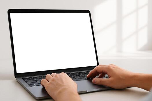 Hands typing on a laptop with a blank screen, perfect for digital content creation and remote work photo