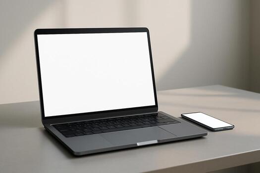 Modern laptop and smartphone displaying blank screens on a desk with soft light and shadow photo