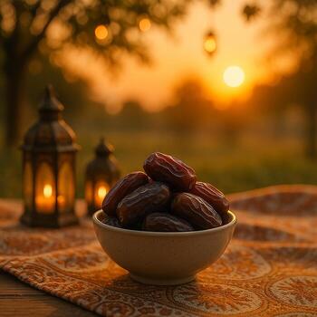 A bowl of dates sits on a patterned cloth with lanterns and a sunset in the background, evoking a sense of tradition and celebration photo
