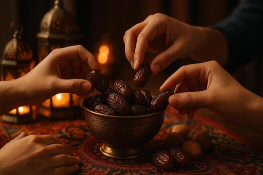 Hands reaching for dates from a traditional bowl during Ramadan, with lanterns in the background photo