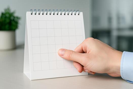 Planning a date on a desk calendar with a finger pointing to a grid. Scheduling and organization concept photo