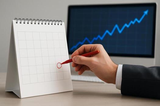 Marking a significant date on a calendar next to a computer displaying a rising graph, symbolizing business growth and planning photo