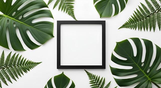 Square frame mockup with tropical leaves isolated on white background, perfect for showcasing your design photo
