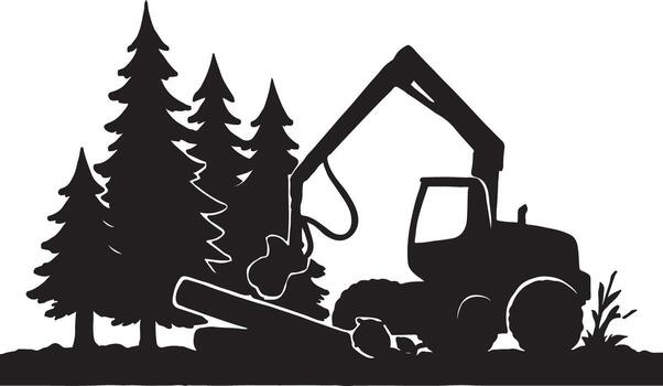 Silhouette of Logging Machine Cutting Trees in Forest Landscape Scene. Forestry Logging Operations vector