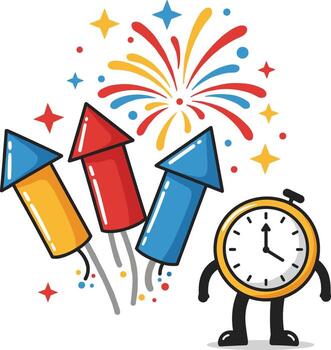 A cartoon clock with fireworks and a man standing next to it vector