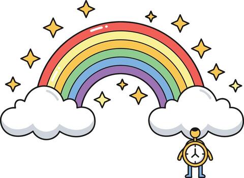 un dibujos animados hombre es en pie en frente de un arco iris y un reloj vector