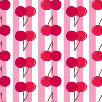 Seamless Sweet Cherry Fruit Pattern Design with Alternating Vertical Stripe Background for Summer Fabric Textile Print or Kids Wallpaper vector