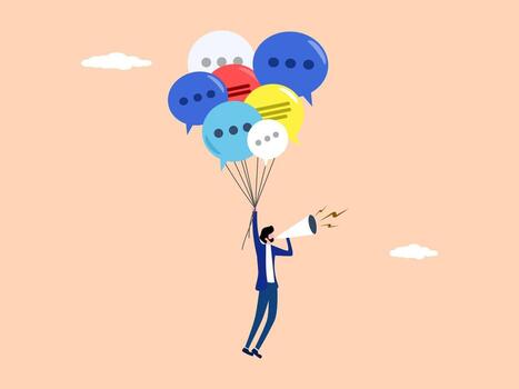 Promotion, businessman flying with speech balloons while making announcements through a loudspeaker vector