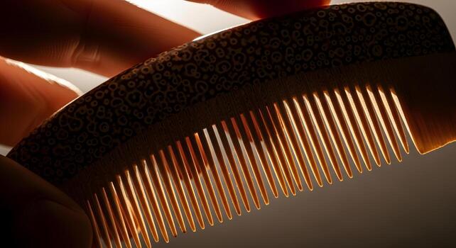 Close-up of a textured wooden comb held in a hand, illuminated by warm light creating a detailed shadow pattern on the teeth photo
