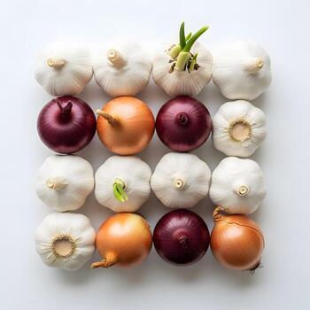 Vibrant Culinary Harmony An Overhead Square Composition Showcasing Garlic and Onion Varieties in a Delightful Array, on a White Background photo