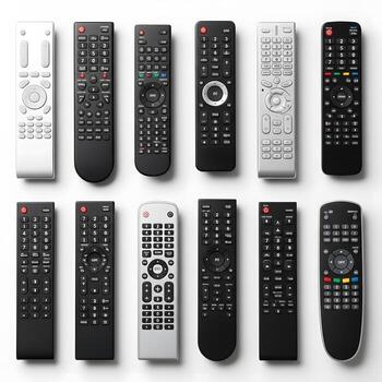 This image features a detailed group of modern electronic remote controls, highlighting various designs, button layouts, and functions for digital device operation photo