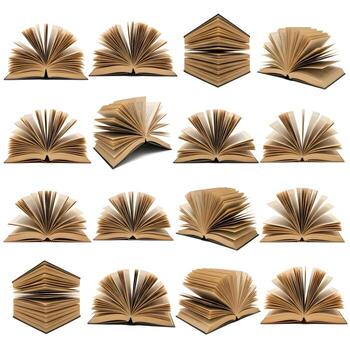 A Collage of Open Books Various Angles, Spreads, and Pages Displayed Against a Clean White Background for Versatile Use photo