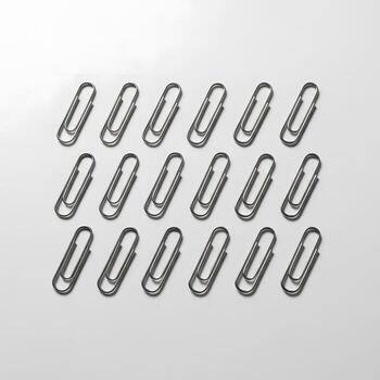 A minimalist flat lay of multiple metal paper clips neatly arranged in an orderly grid pattern on a clean white background for office concepts photo