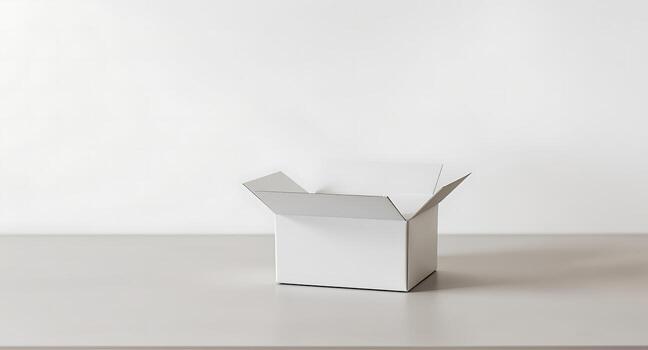 Mockup Open White Cardboard Box on Gray Surface Packaging Concept photo