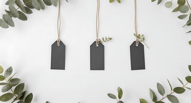 Mockup Blank Black Tags Hanging with Eucalyptus on White Background photo