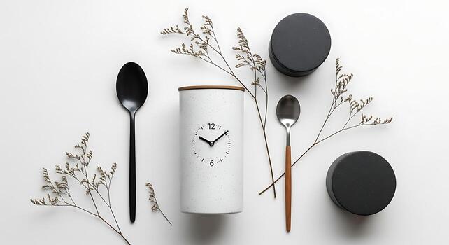 Mockup Minimalist Tabletop Composition Clock Spoons and Decorative Elements photo