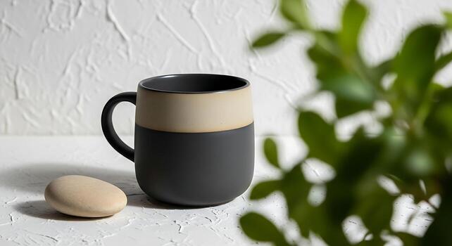 Mockup Modern Two Tone Coffee Mug with a Simple Pebble against a White Textured Background Minimalist Design photo