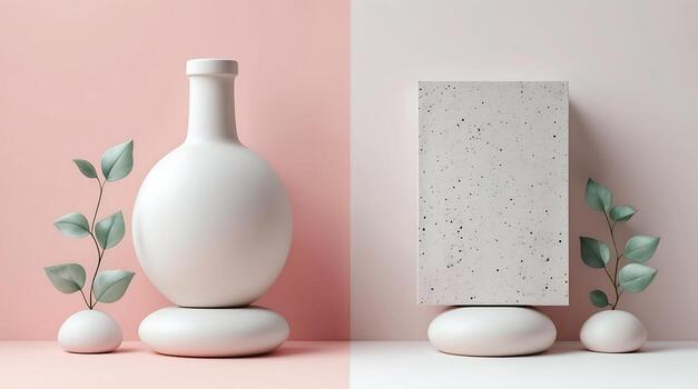 Mockup Minimalist Composition with White Vases Plants and Concrete Panel on Pink Background photo