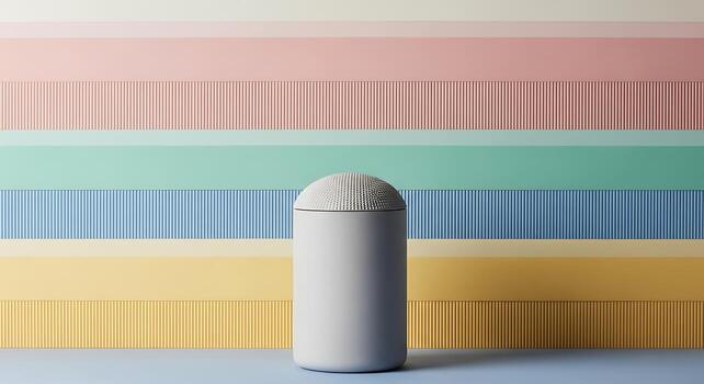 Mockup Minimalist Design Modern Trash Can with Colorful Striped Wall Background photo