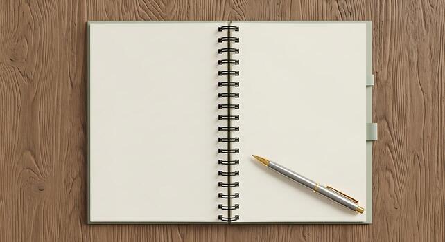 Mockup Open Notebook and Pen on a Wooden Table Business and Education Concept photo