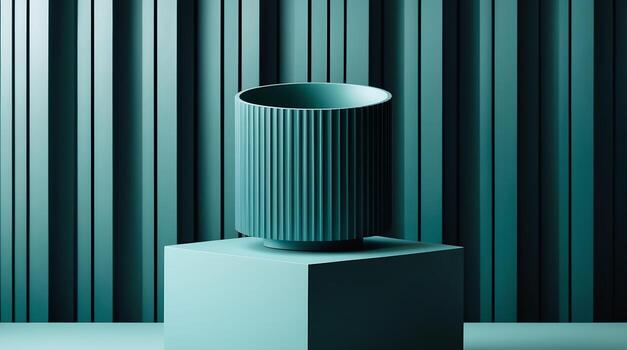 Mockup Minimalist Teal Cylinder and Pedestal in Modern Studio Setting photo