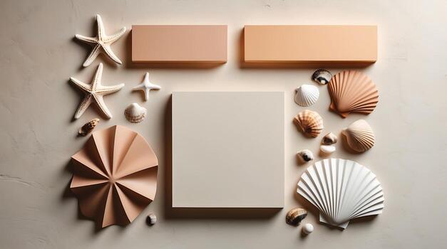 Mockup Coastal Abstract Composition with Seashells Starfish Summer Design photo