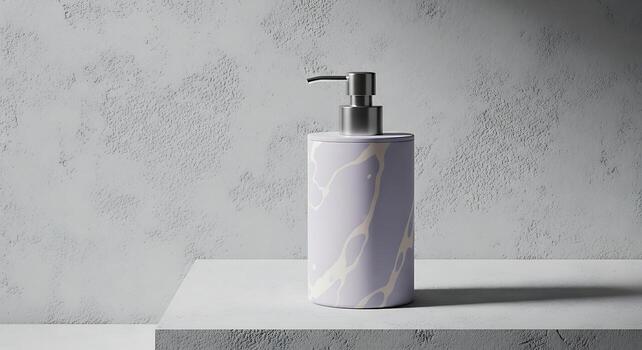 Mockup Elegant Marble Print Soap Dispenser on Grey Backdrop photo