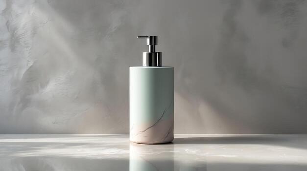 Mockup Elegant Soap Dispenser with Marble Pattern in Bathroom Setting photo