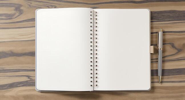 Mockup Open Notebook and Pen on Wooden Table for Workspace Business Planning Creative Writing or Education photo