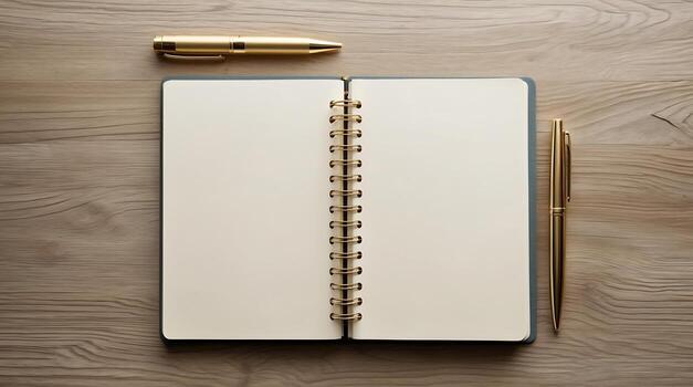 Mockup Elegant Open Notebook with Golden Pen on Wooden Table Blank Pages Office Supplies photo