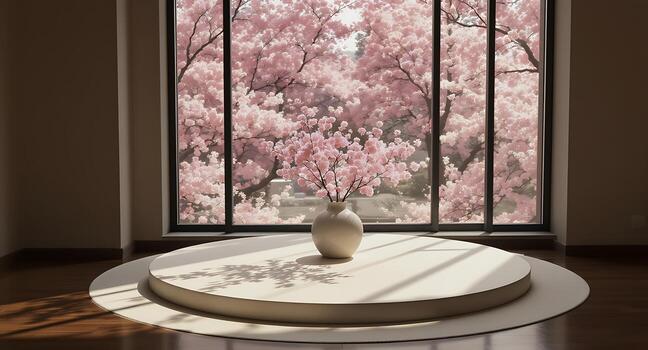 Mockup Cherry Blossom Branches in Ceramic Vase with Window View photo