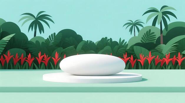 Tropical Product Display Podest and Display in a Jungle Setting, 3D Render, for Presentation, empty space photo