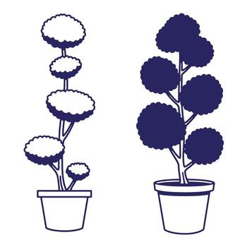 Two decorative topiary trees in pots stylized with clean lines on white background vector